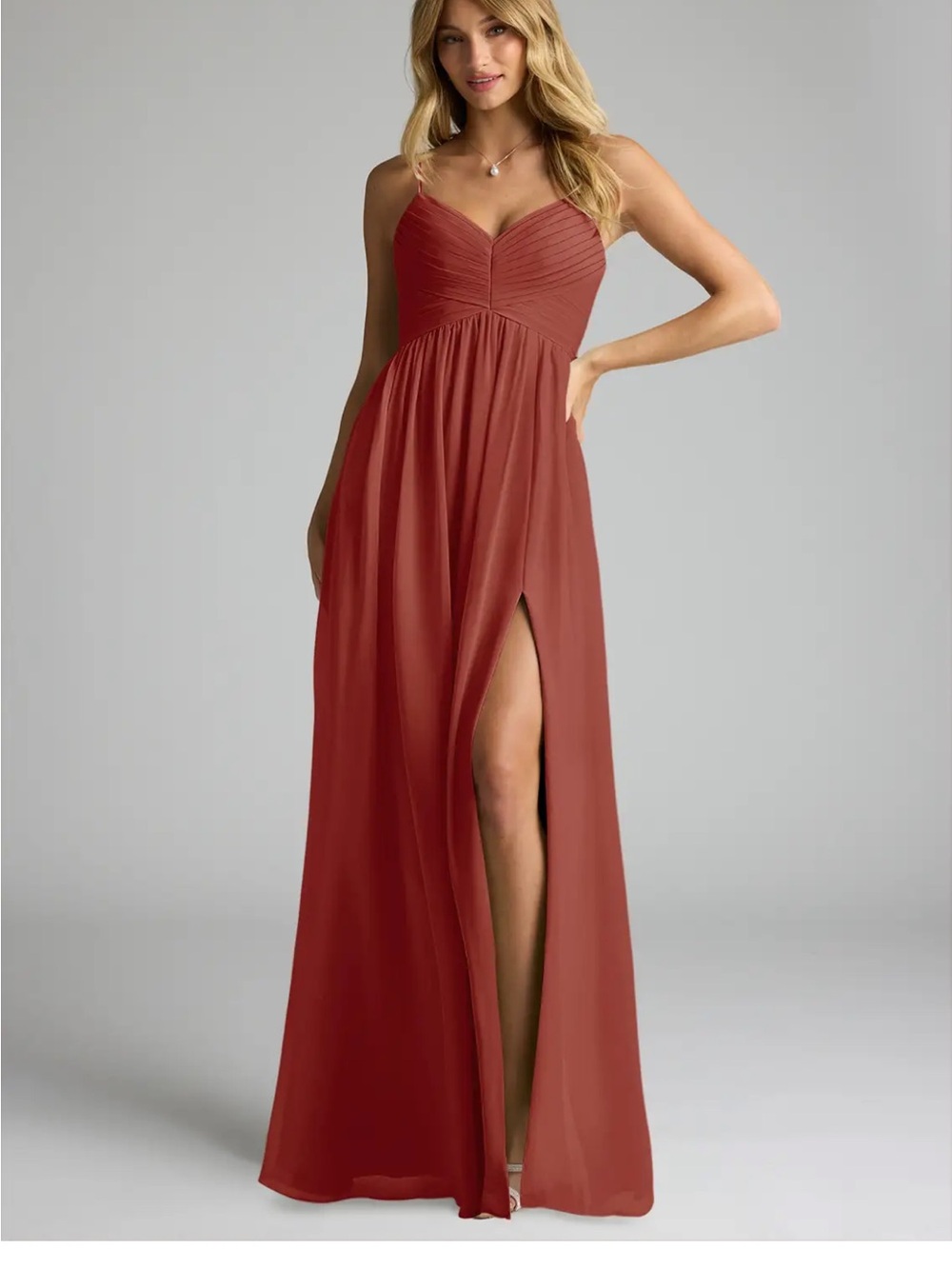 Azazie Terracotta Spaghetti Strap Maxi Dress with High Side Slit